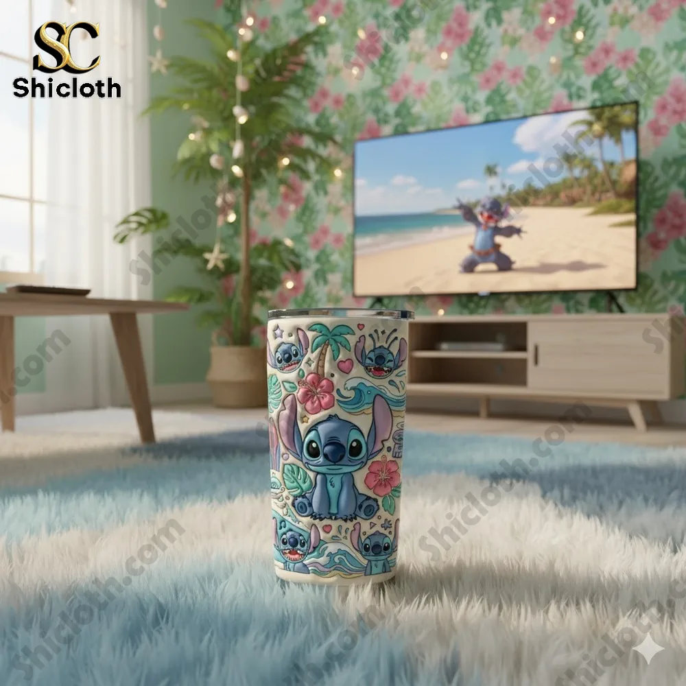 Stitch themed tropical tumbler on soft rug in living room!