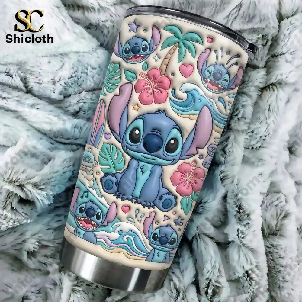 Close up of Stitch tropical tumbler with colorful details!