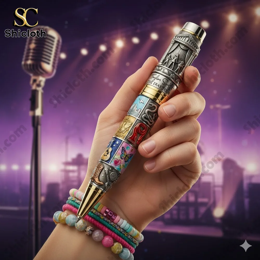 Hand holding decorative music themed pen on concert stage!