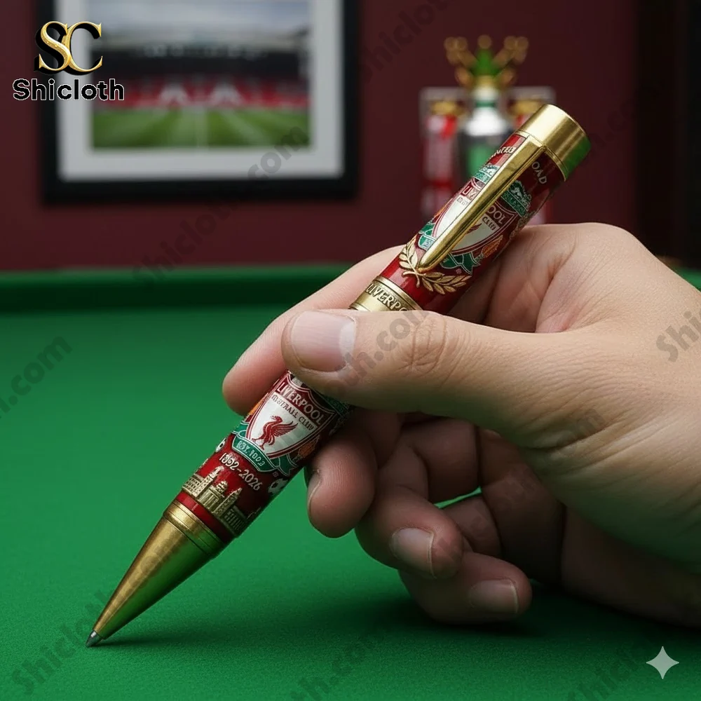 Liverpool FC anniversary collector pen held by hand on green pool table!