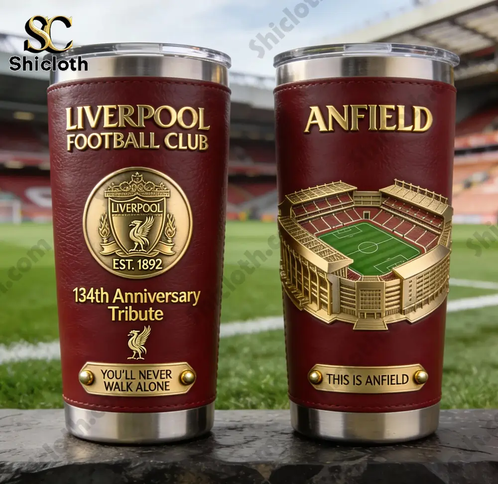 Two Liverpool Football Club Anfield insulated tumblers displayed at the stadium!