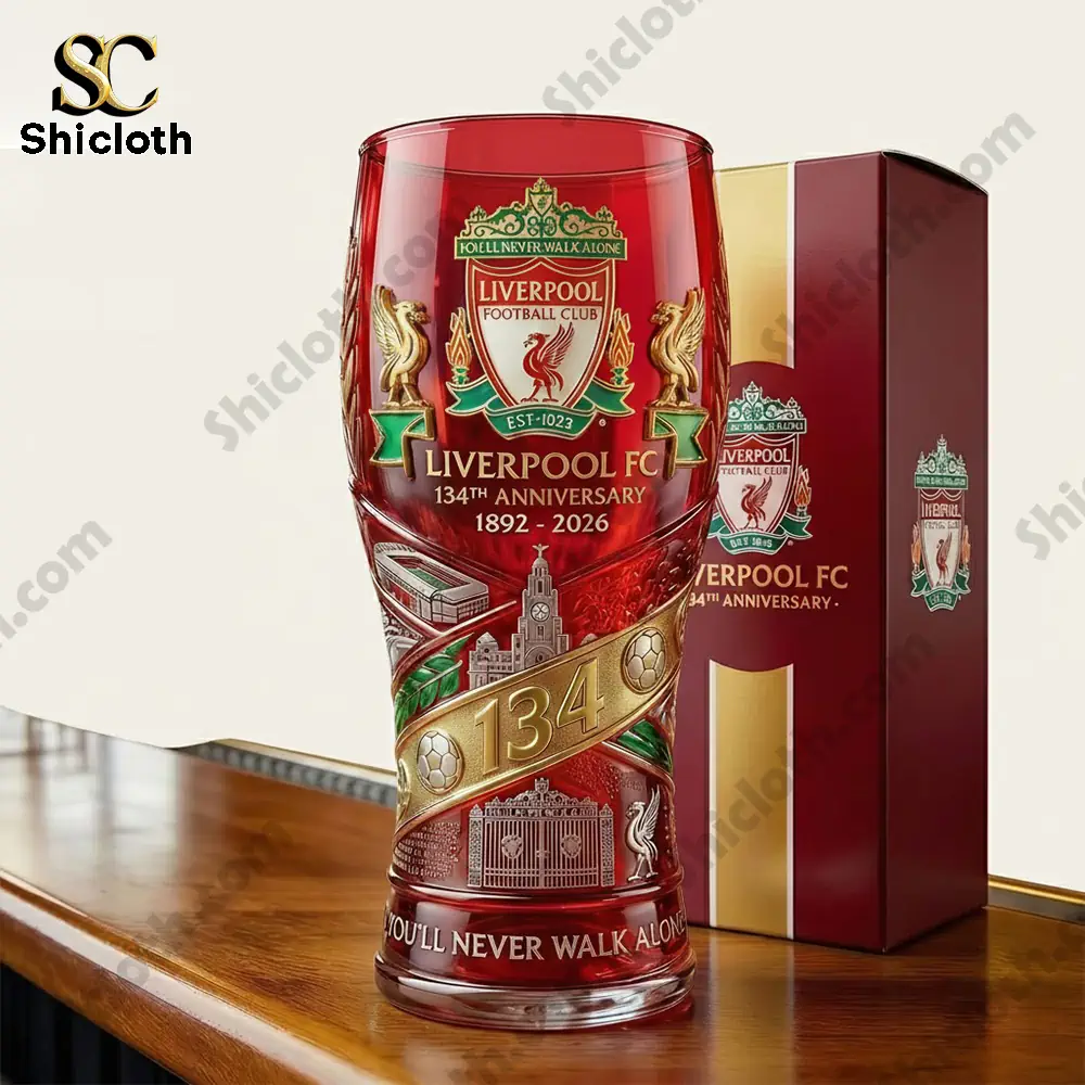 Liverpool FC anniversary glass with gift box on wooden counter!