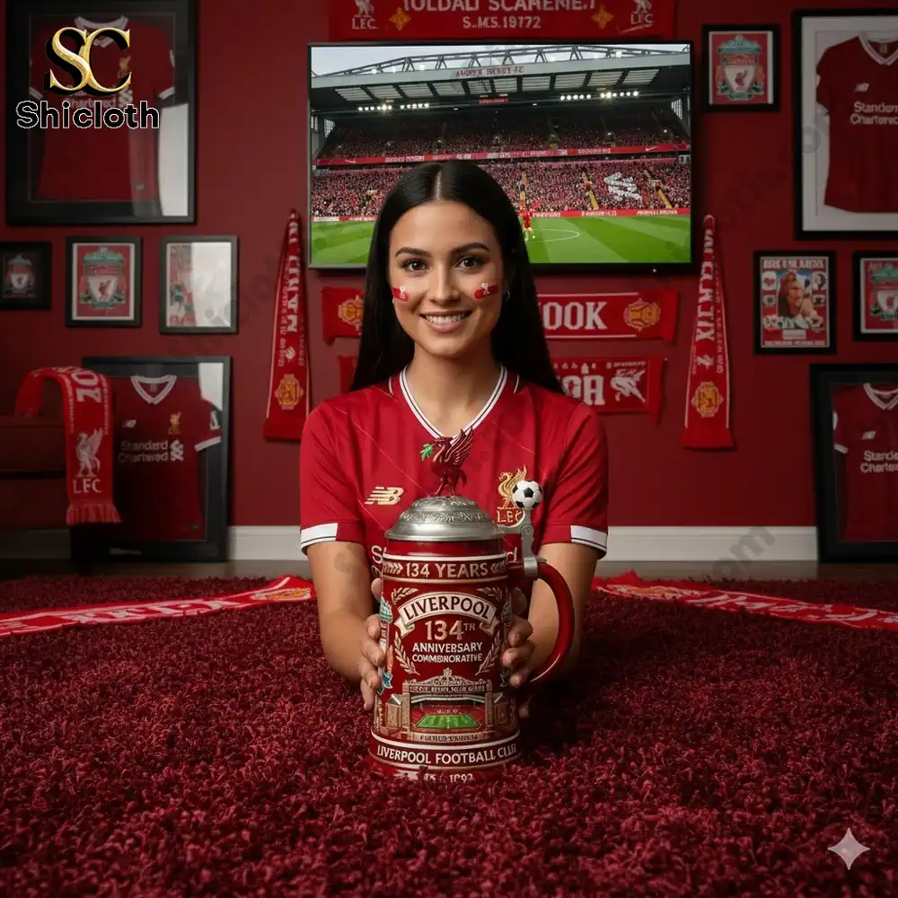 Liverpool fan holding commemorative red beer stein in club themed room!