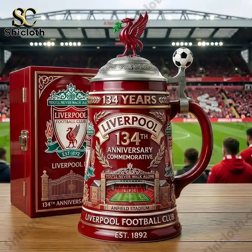 Liverpool commemorative beer stein displayed at stadium setting!