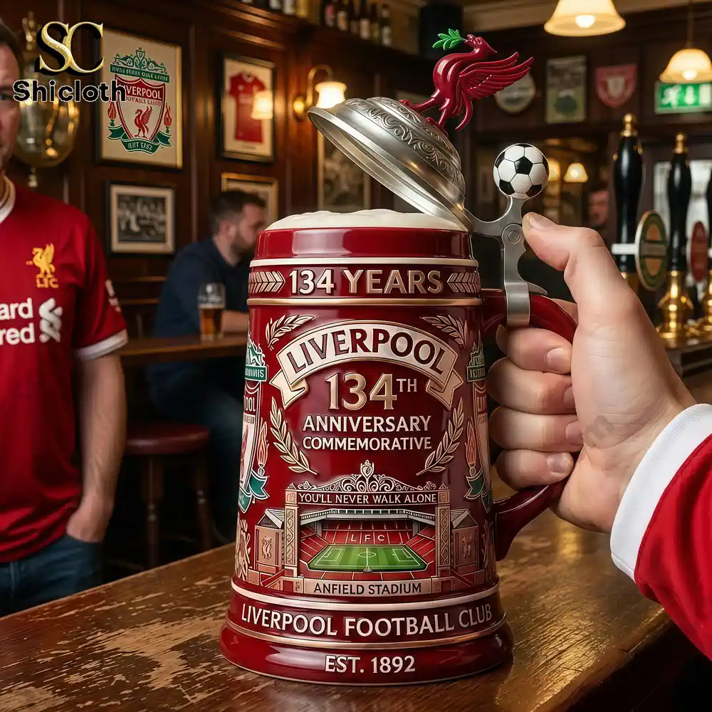 Liverpool Football Club 134th Anniversary Commemorative Collector Beer 3 Hand holding Liverpool commemorative beer stein inside classic pub!