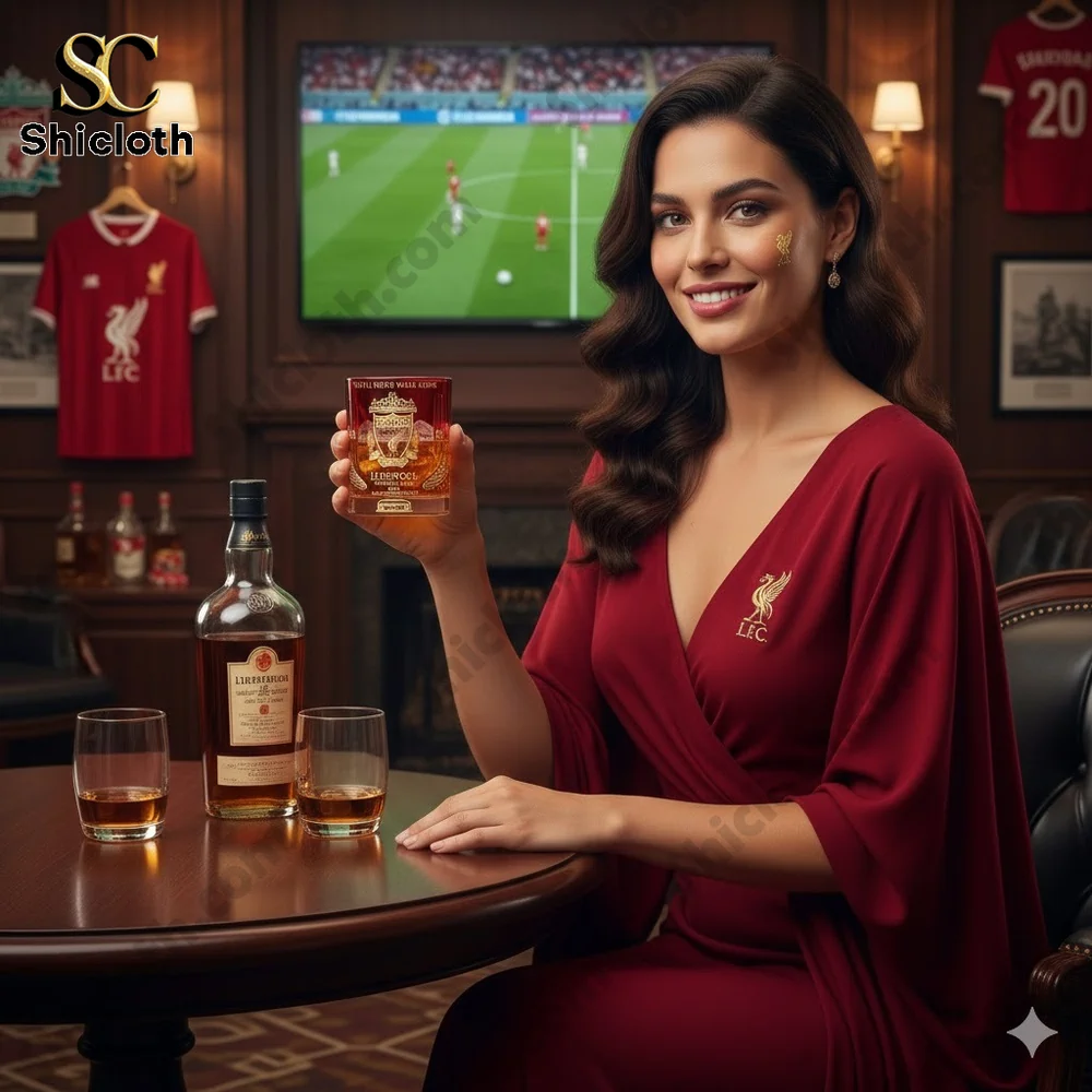 Woman holding Liverpool Football Club whisky glass in elegant lounge!