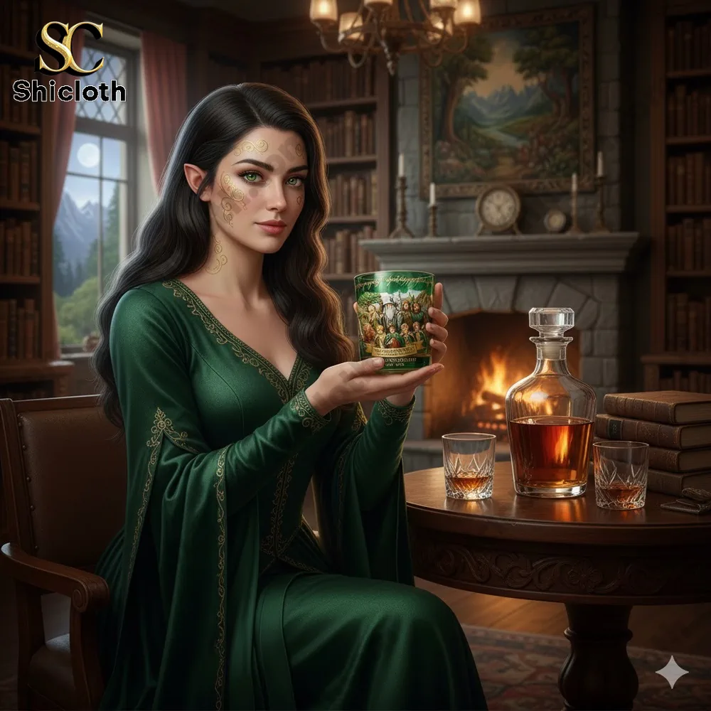 Elf woman holding Lord of the Rings themed glass in cozy fantasy library setting!