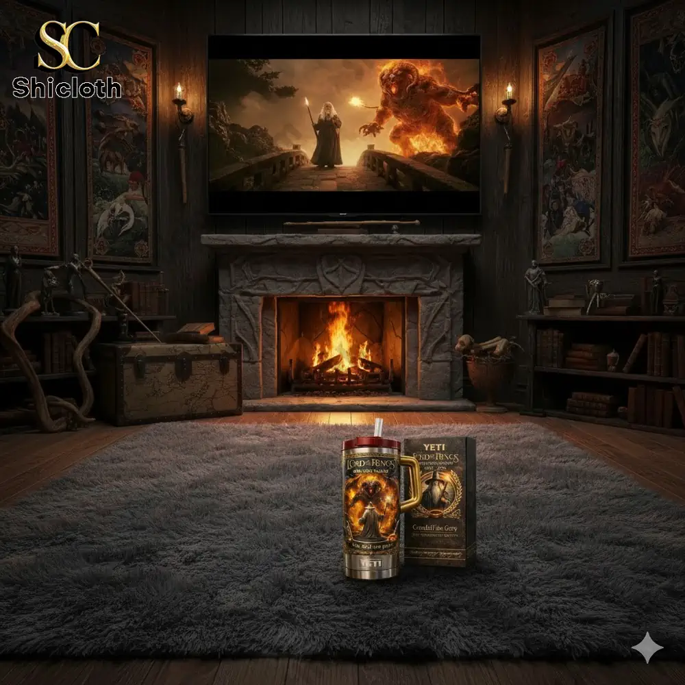 Middle earth living room with fireplace and Gandalf themed insulated mug