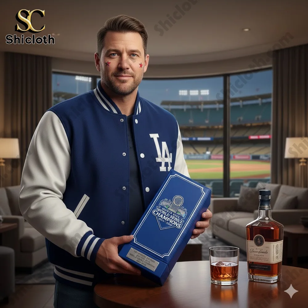 Man holding Shicloth Dodgers championship gift box in luxury stadium room!