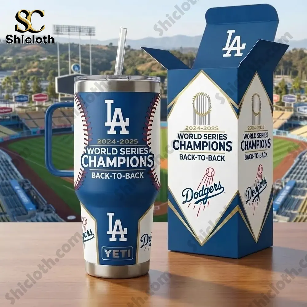 Los Angeles Dodgers championship insulated mug with box on table!