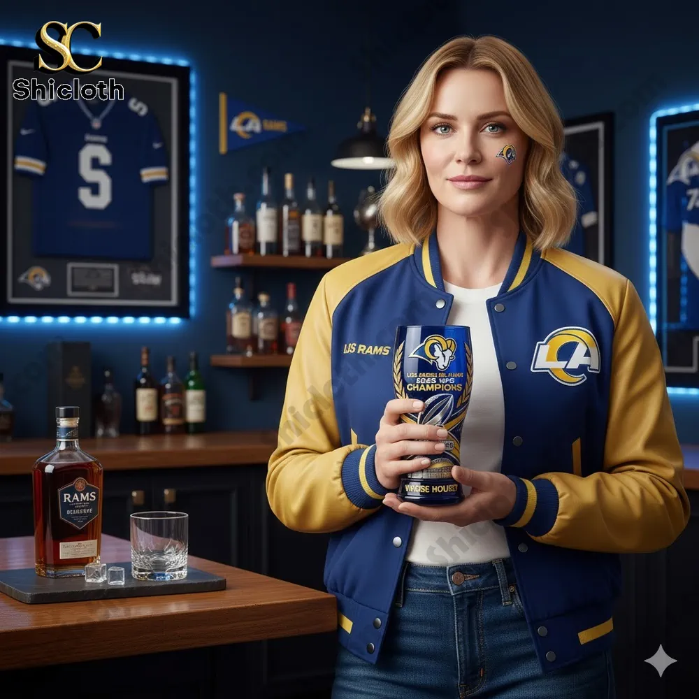 Woman holding Los Angeles Rams champions glass in themed bar!