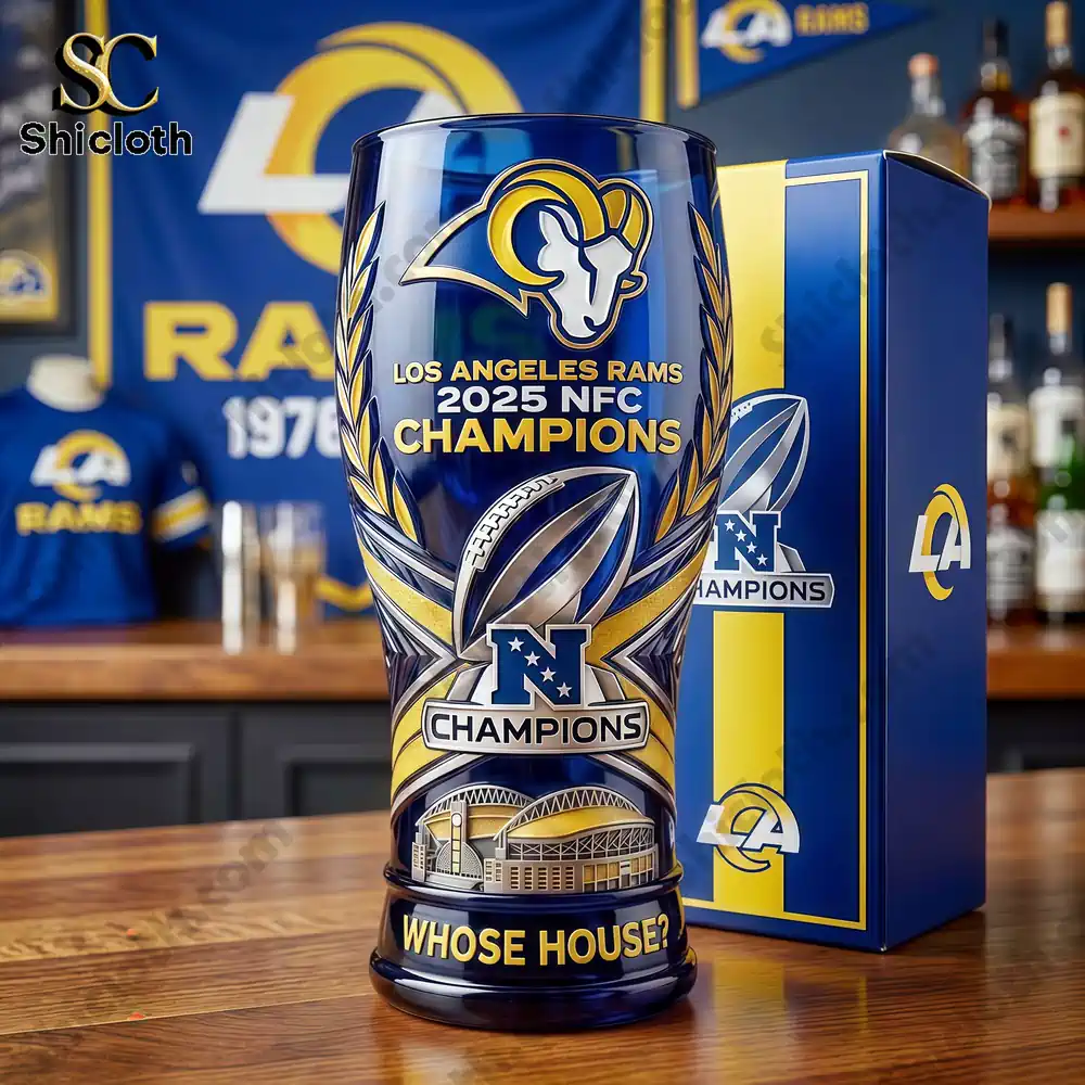 Los Angeles Rams champions glass with box on table!