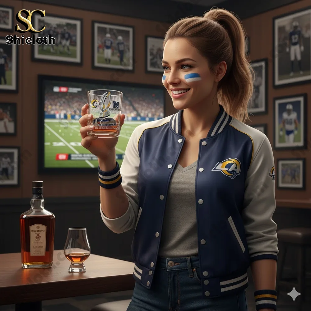 Woman wearing Los Angeles Rams jacket holding a whisky glass in a football themed room.