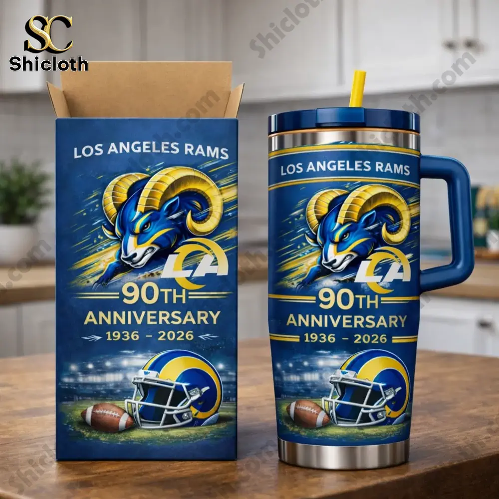 Los Angeles Rams anniversary tumbler with box on kitchen counter by Shicloth!