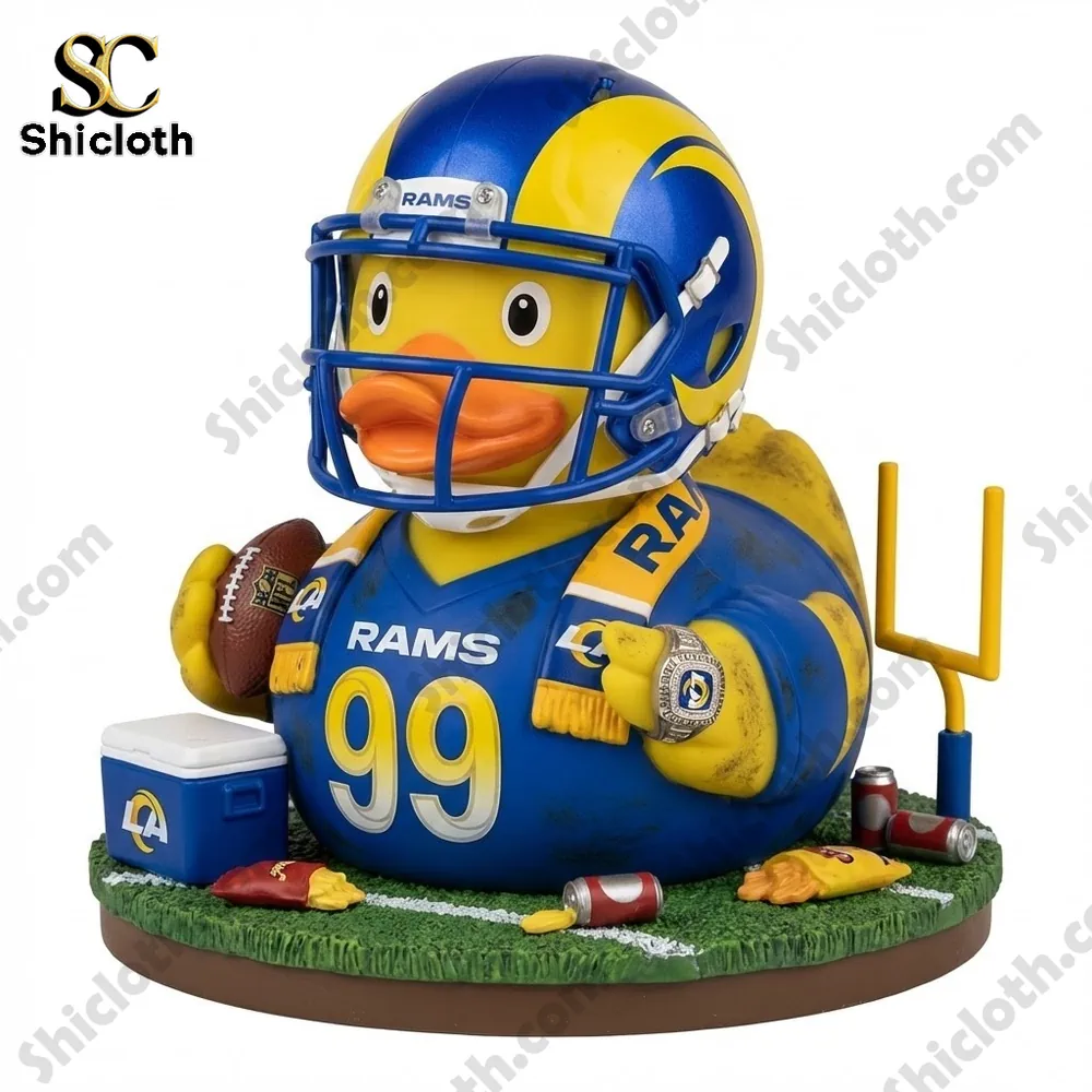 Front view Rams legacy duck figure wearing helmet and jersey!