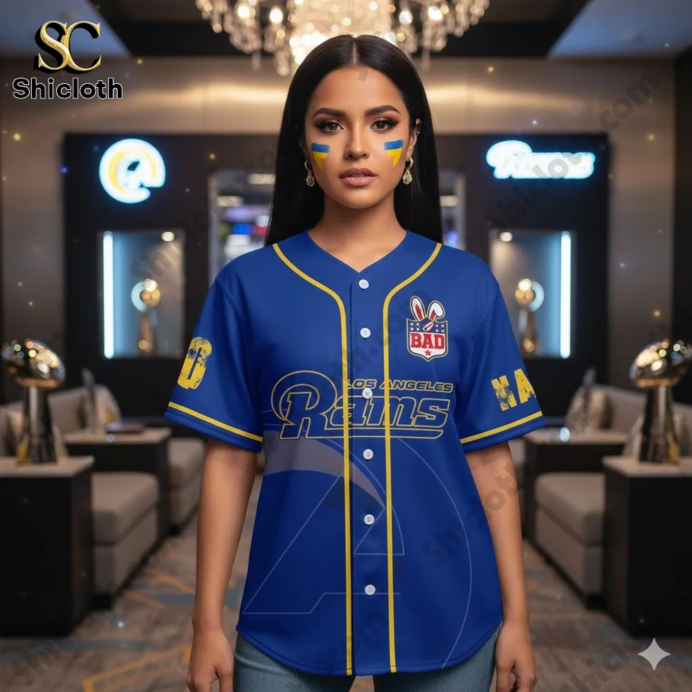 Woman wearing Los Angeles Rams blue jersey in luxury lounge setting!