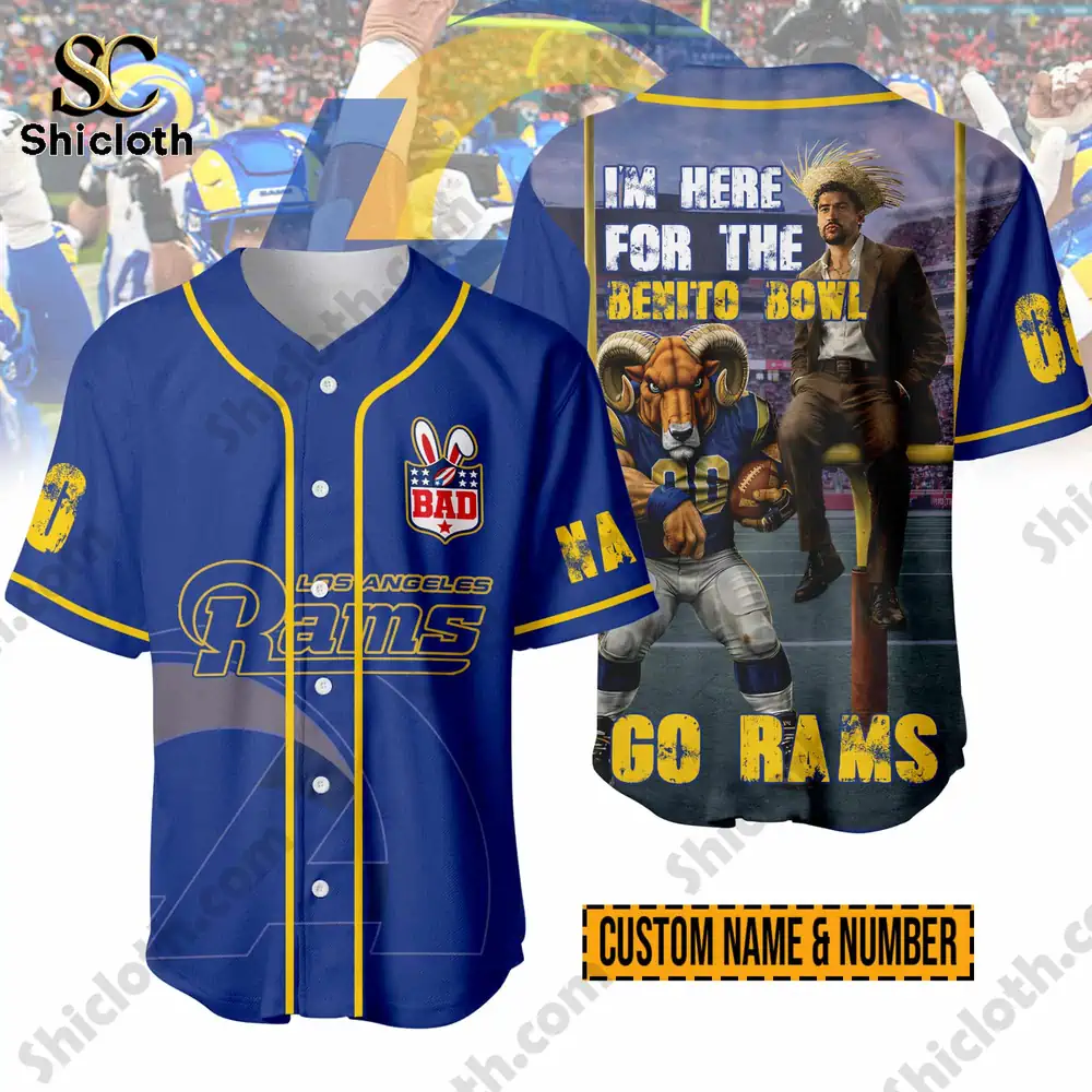 Los Angeles Rams blue jersey front and back design display!