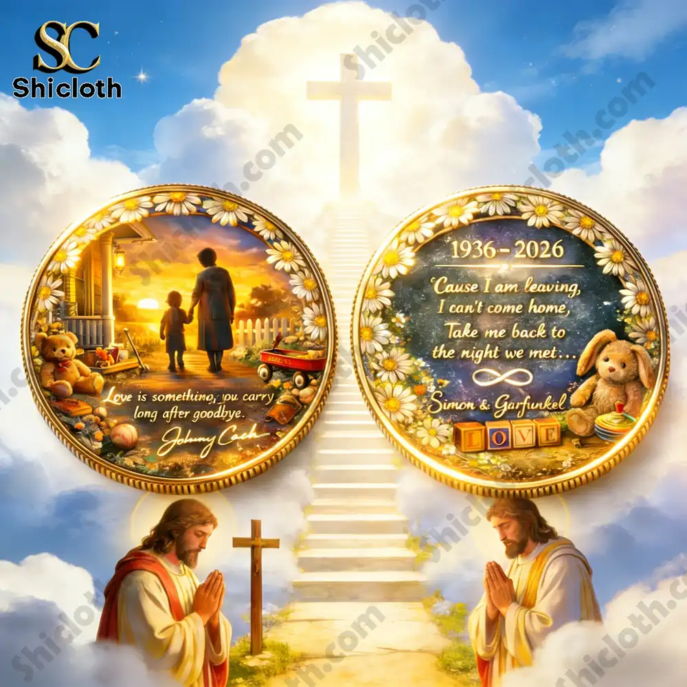 Heaven memorial coin with cross light and family memory scene!