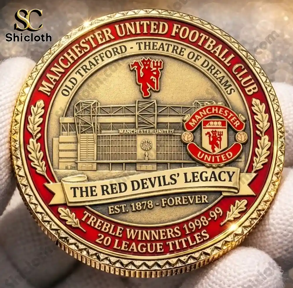 Manchester United commemorative coin featuring Old Trafford stadium design.