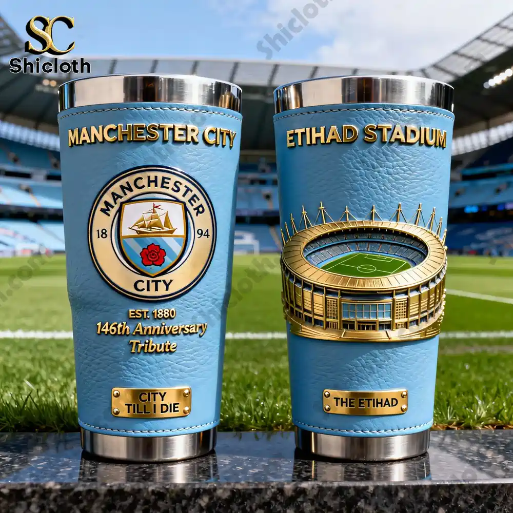 Manchester City commemorative tumblers with club crest and Etihad Stadium design on the pitch!