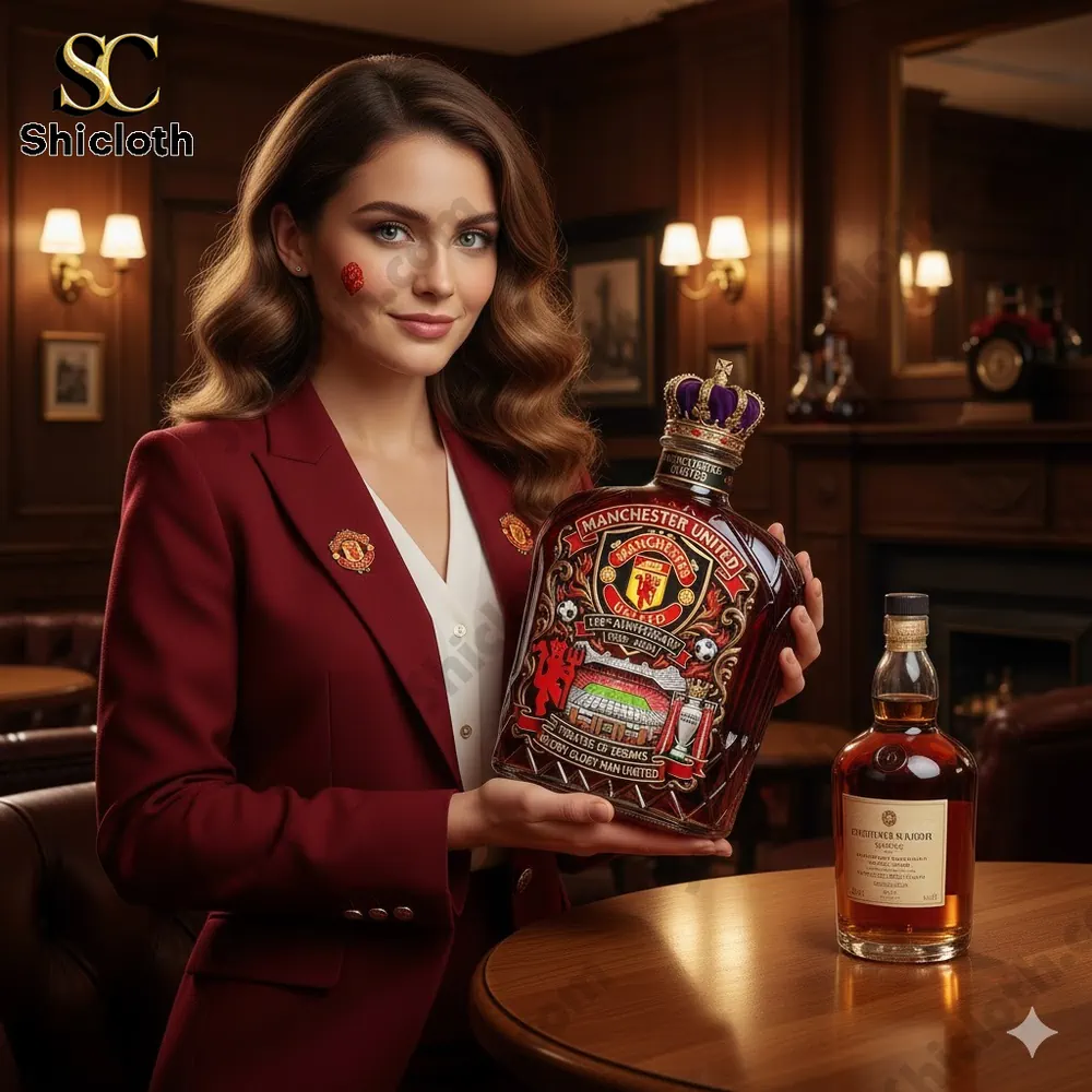 Woman holding a Manchester United commemorative decanter in a warm bar setting!