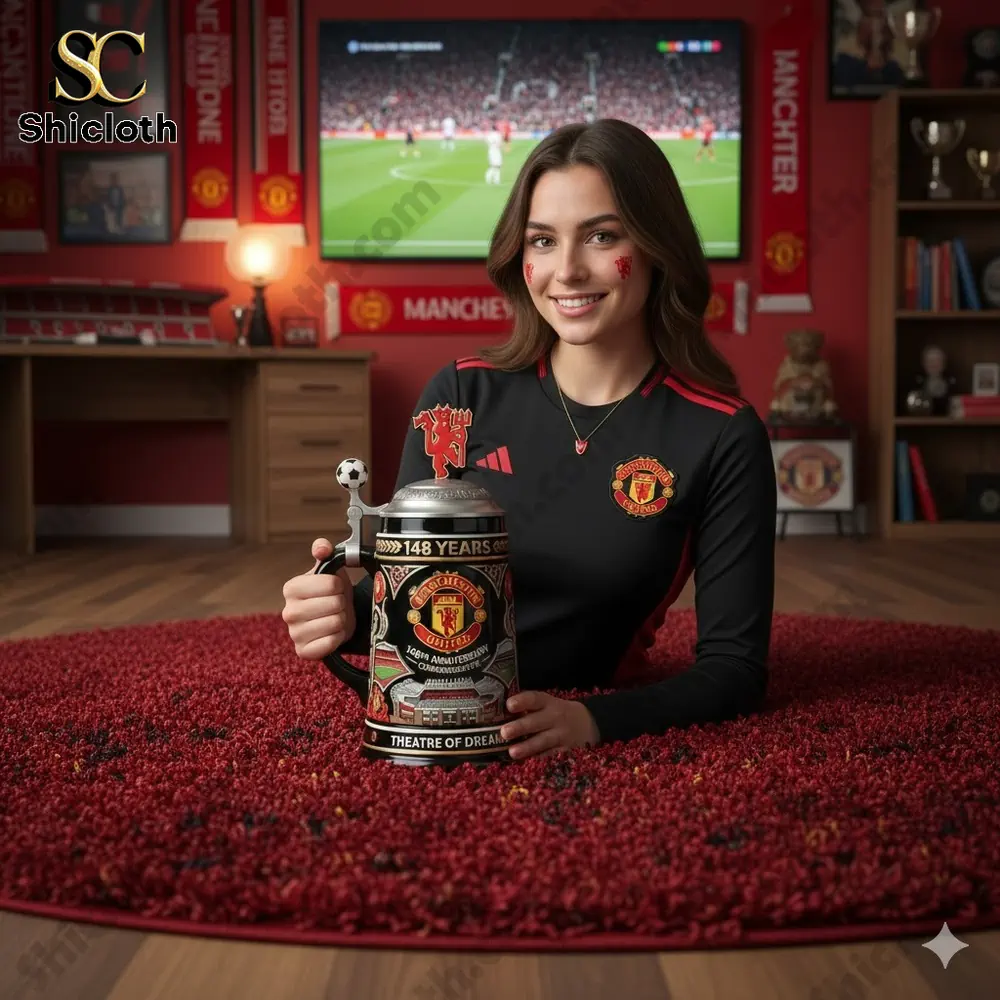 Manchester United fan holding commemorative beer stein indoors!