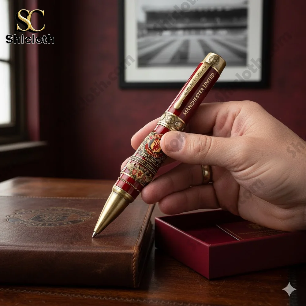 Hand holding a red and gold Manchester United commemorative pen on a wooden desk!