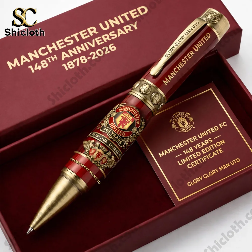 Red and gold Manchester United commemorative pen displayed in a luxury gift box!