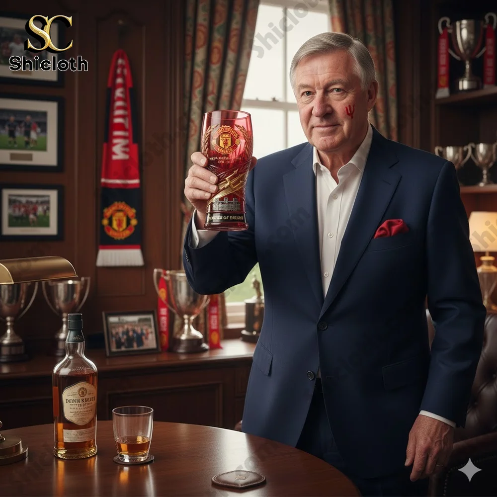 A man holding a red Manchester United collectible glass in an office setting!