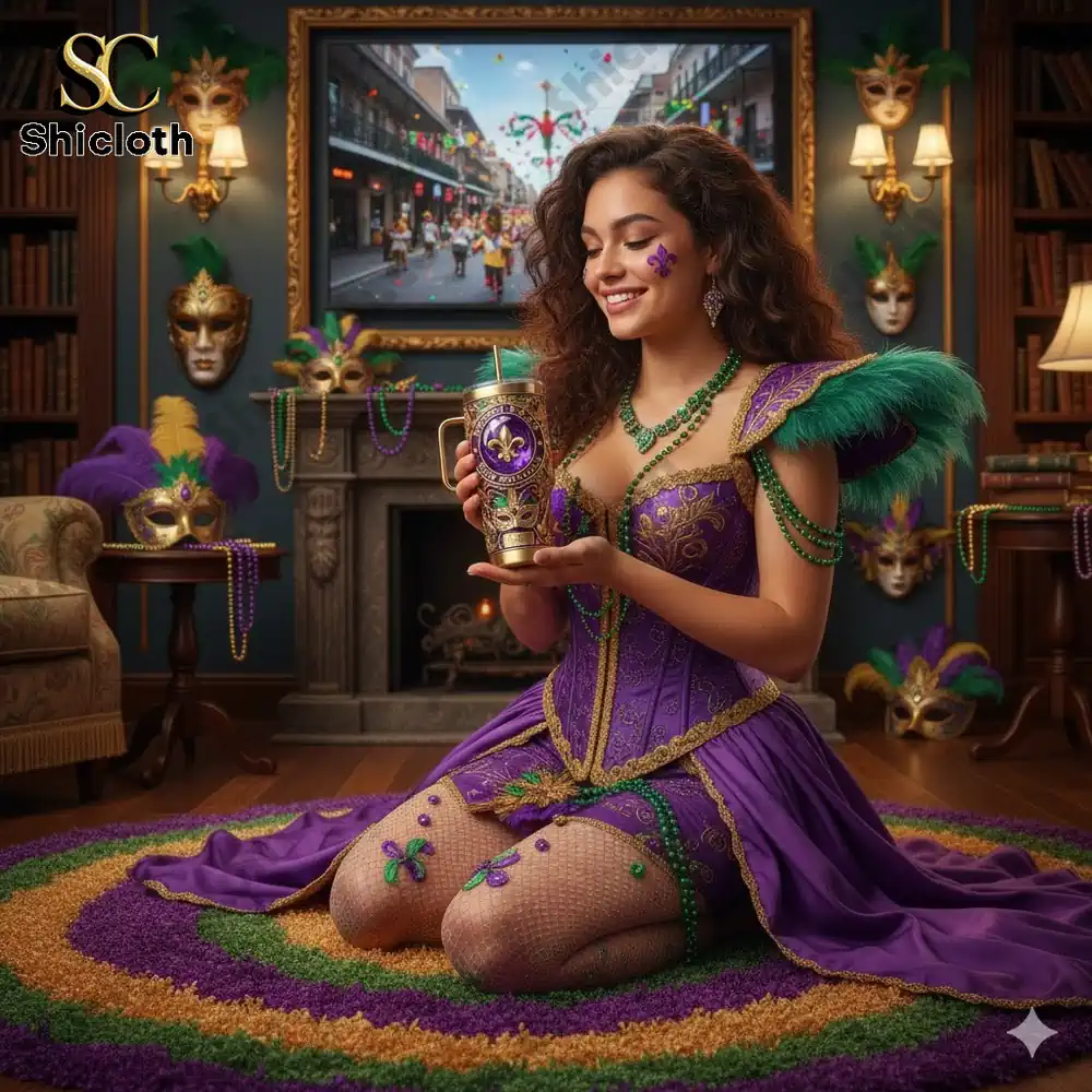 Woman in Mardi Gras costume holding ornate Yeti mug!