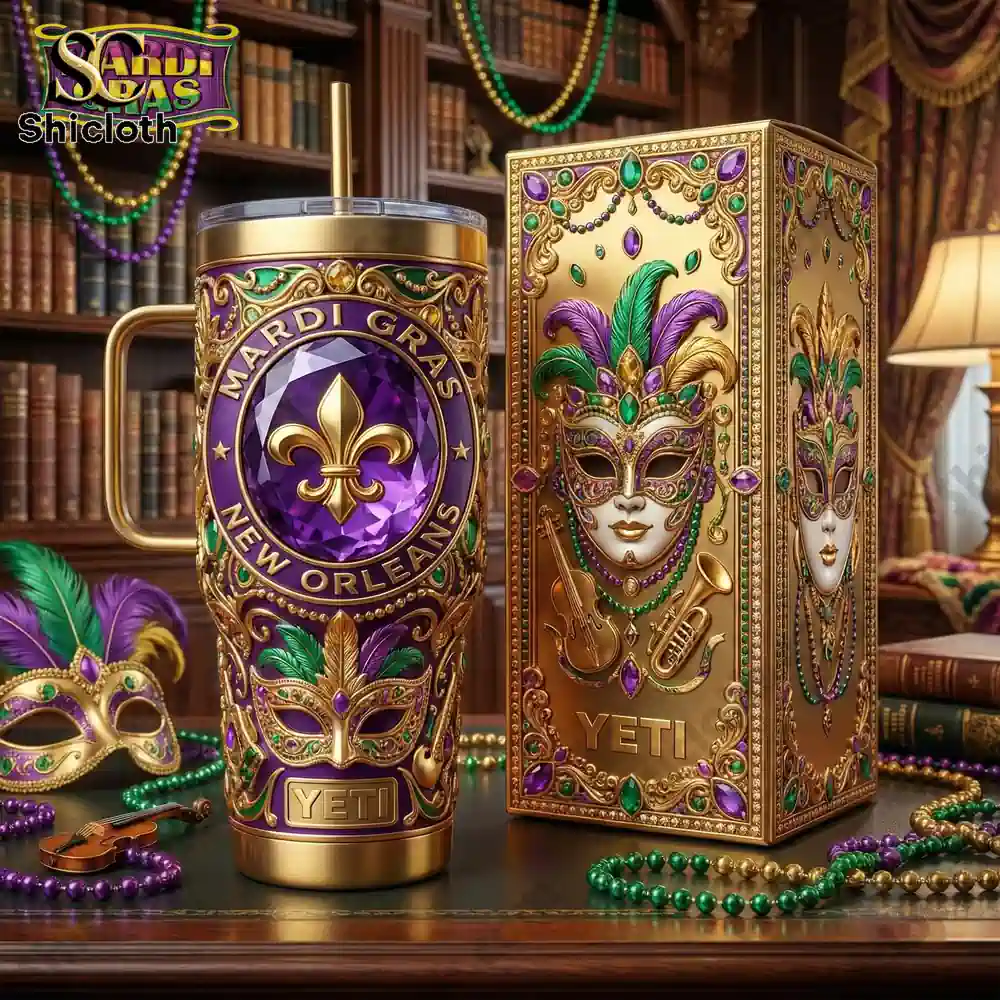 Mardi Gras themed Yeti mug with decorative gift box!