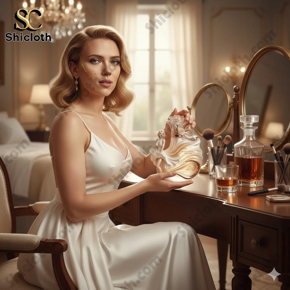 Elegant woman holding artistic perfume bottle at vanity from Shicloth shop!