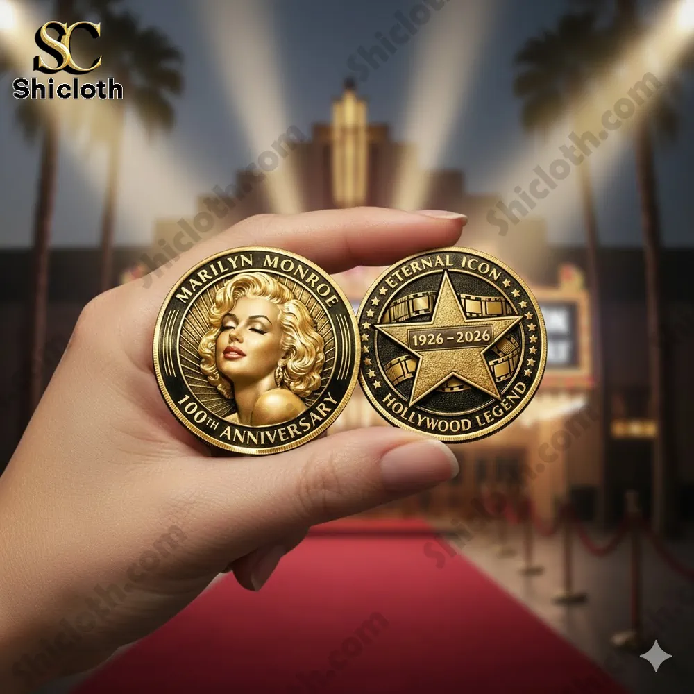 Miami Hurricanes 2026 Fiesta Bowl Champions Commemorative Coin 2 Two gold commemorative coins celebrating Marilyn Monroe's 100th anniversary 1926–2026 held in hand with a red carpet background.