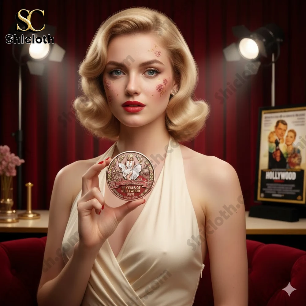Classic Hollywood style woman holding a commemorative coin in a studio setting!