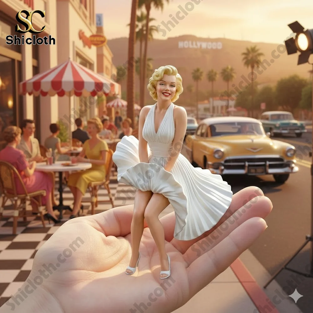 Rat Fink Skull Road Outlaw Collectible Pop Figure Doll 32 Mini Marilyn Monroe style figurine standing on a hand in a vintage Hollywood street scene!