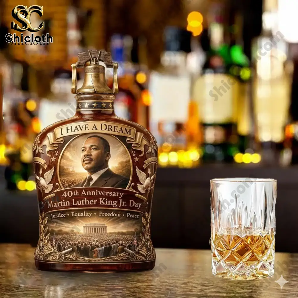Shicloth Martin Luther King inspired commemorative bottle displayed on a bar counter!