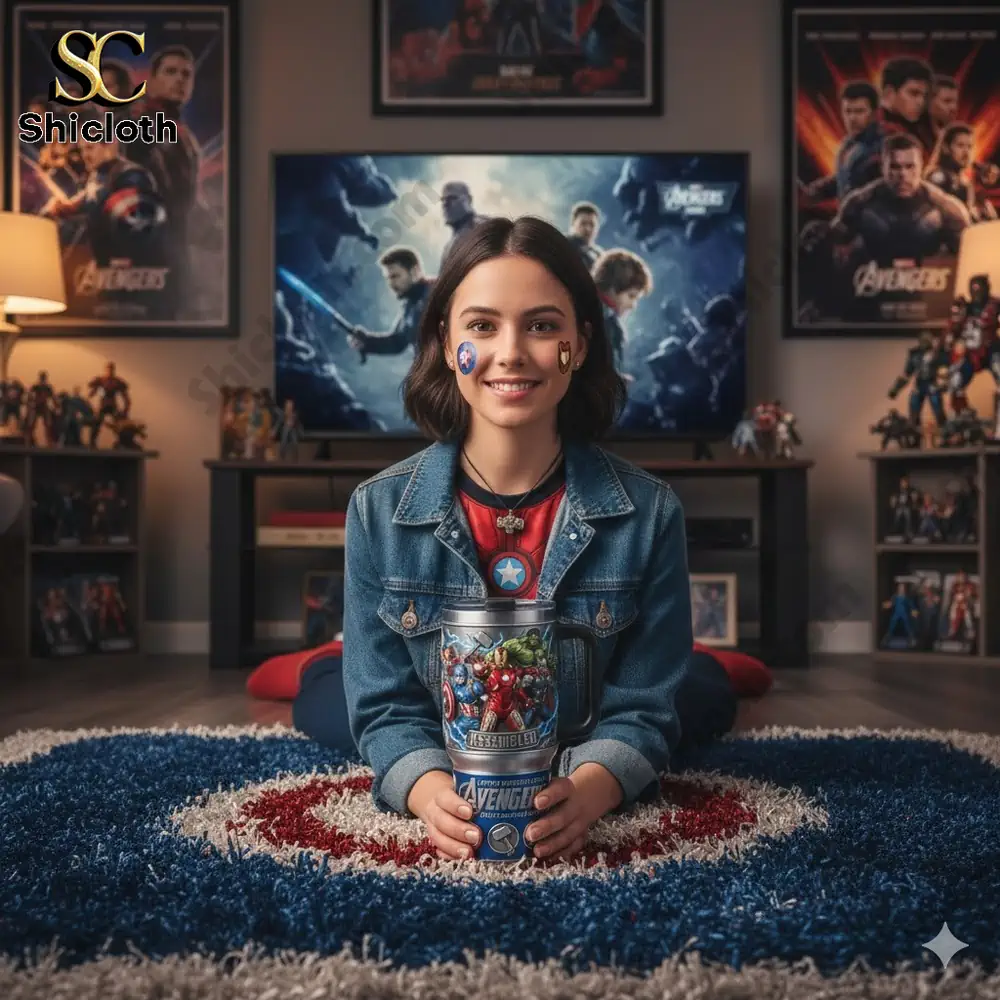 Avengers themed stainless steel tumbler held by a fan in a superhero decorated room!