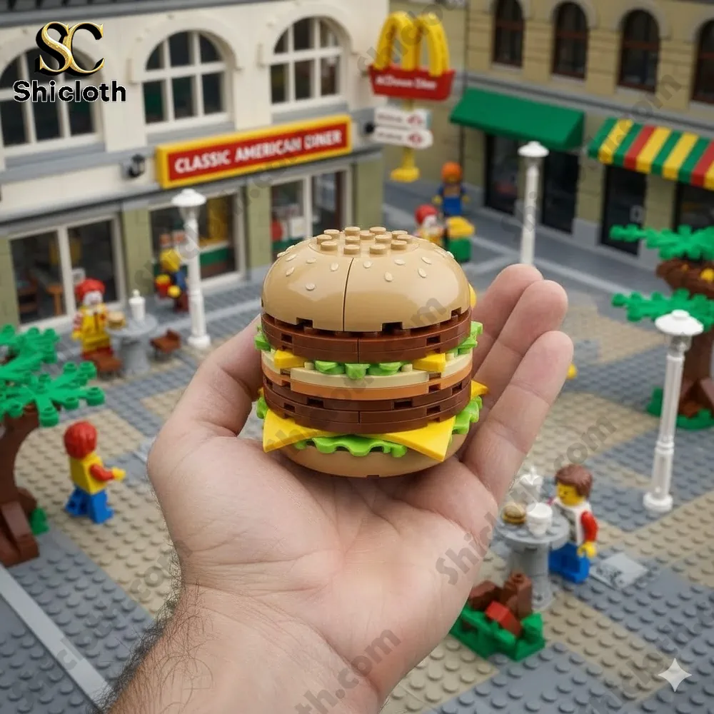 Brick built burger held in hand in a miniature city scene.