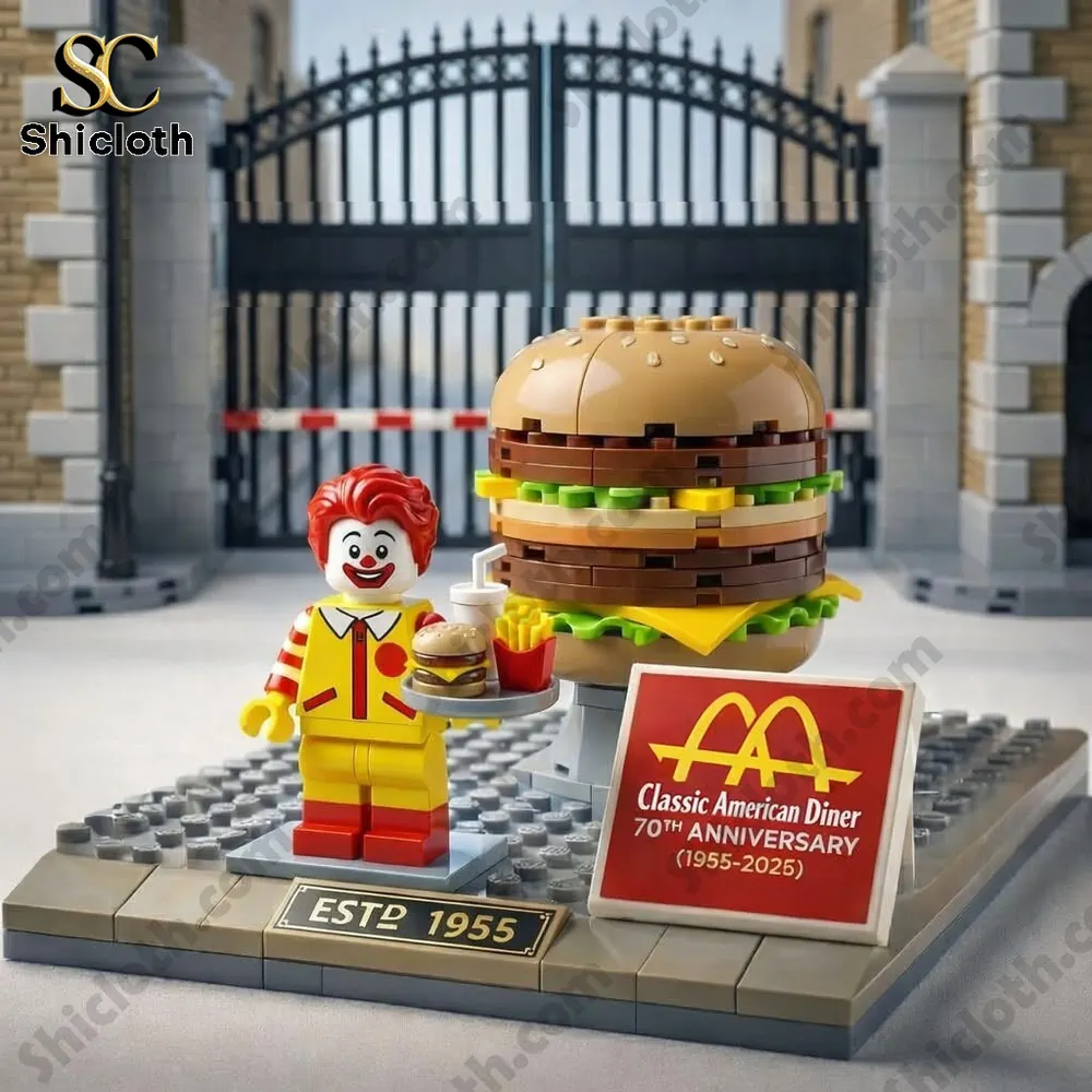 Brick mascot standing beside a large brick burger display.