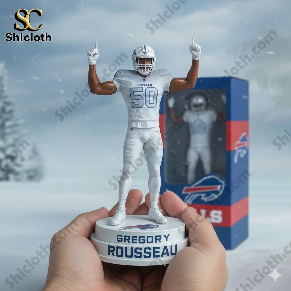 Dolly Parton's 80th Anniversary 1946-2026 Collectible Pop Figure Doll 40 Gregory Rousseau Buffalo Bills white uniform figure held in hands