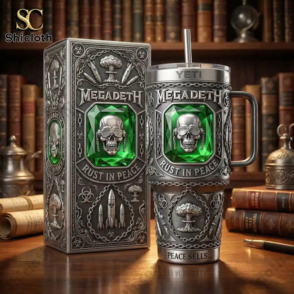 Megadeth metal style tumbler with skull green gem and matching box on wooden desk!