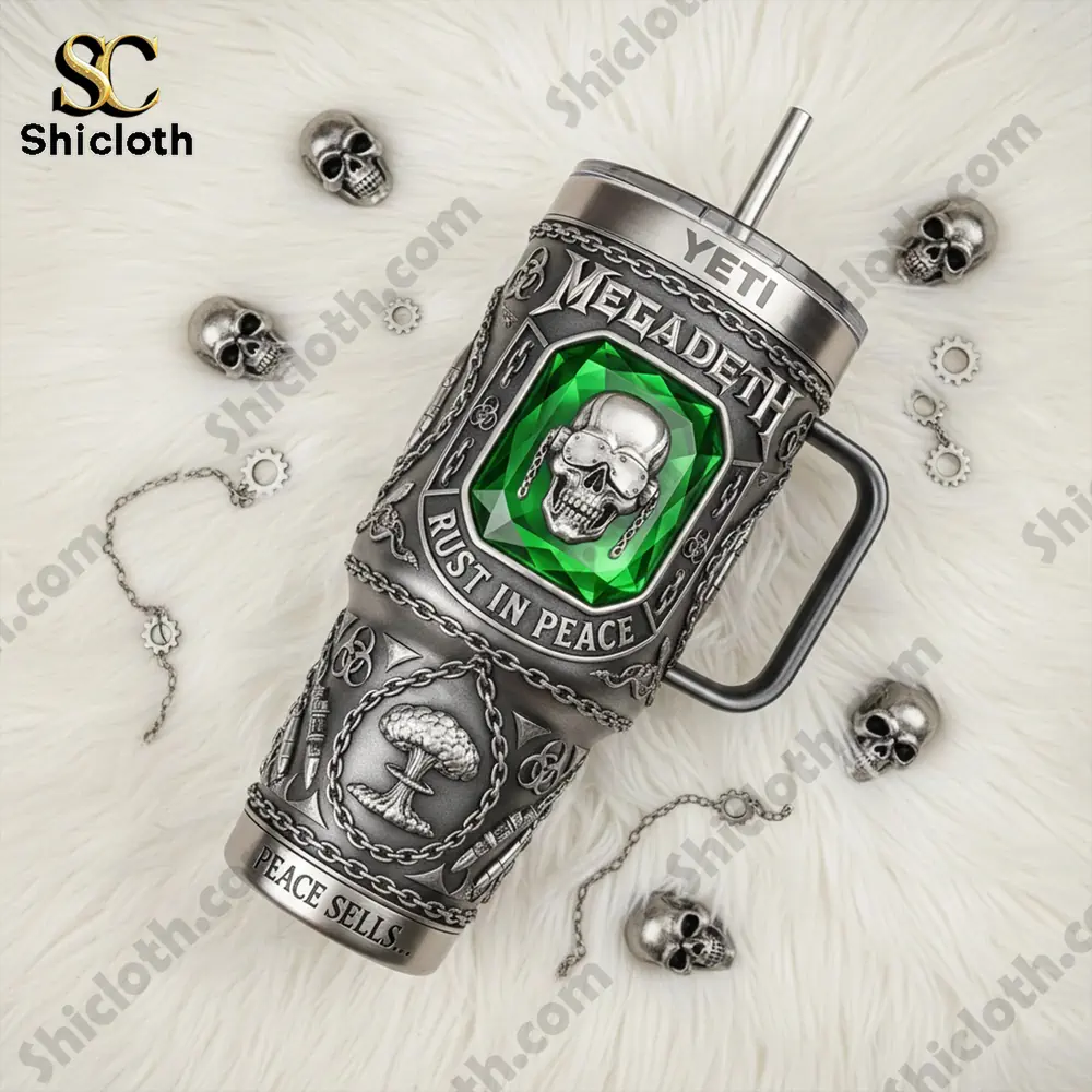 Megadeth Band Rust in Peace Yeti 40oz Tumbler With Handle 3 Megadeth metal tumbler with skull green gem on white fur background!