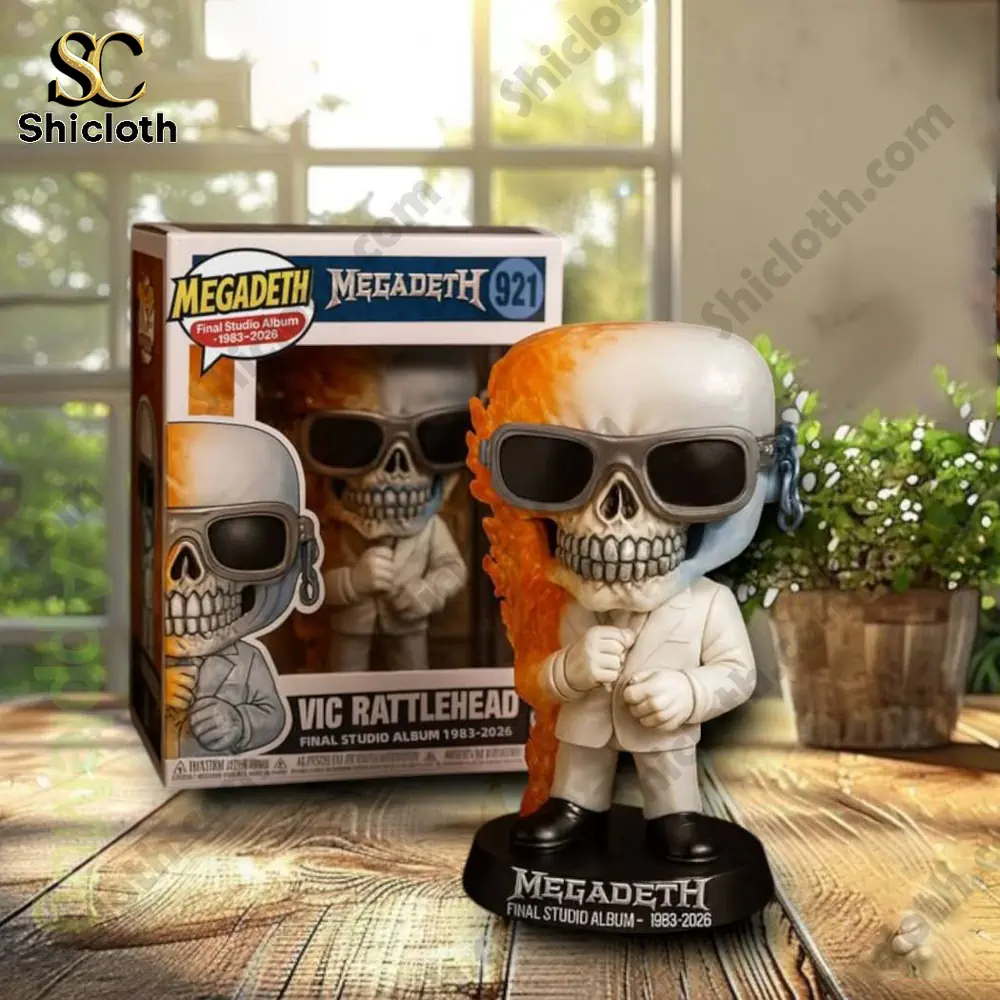 Skull figure with sunglasses displayed on a table beside its box!