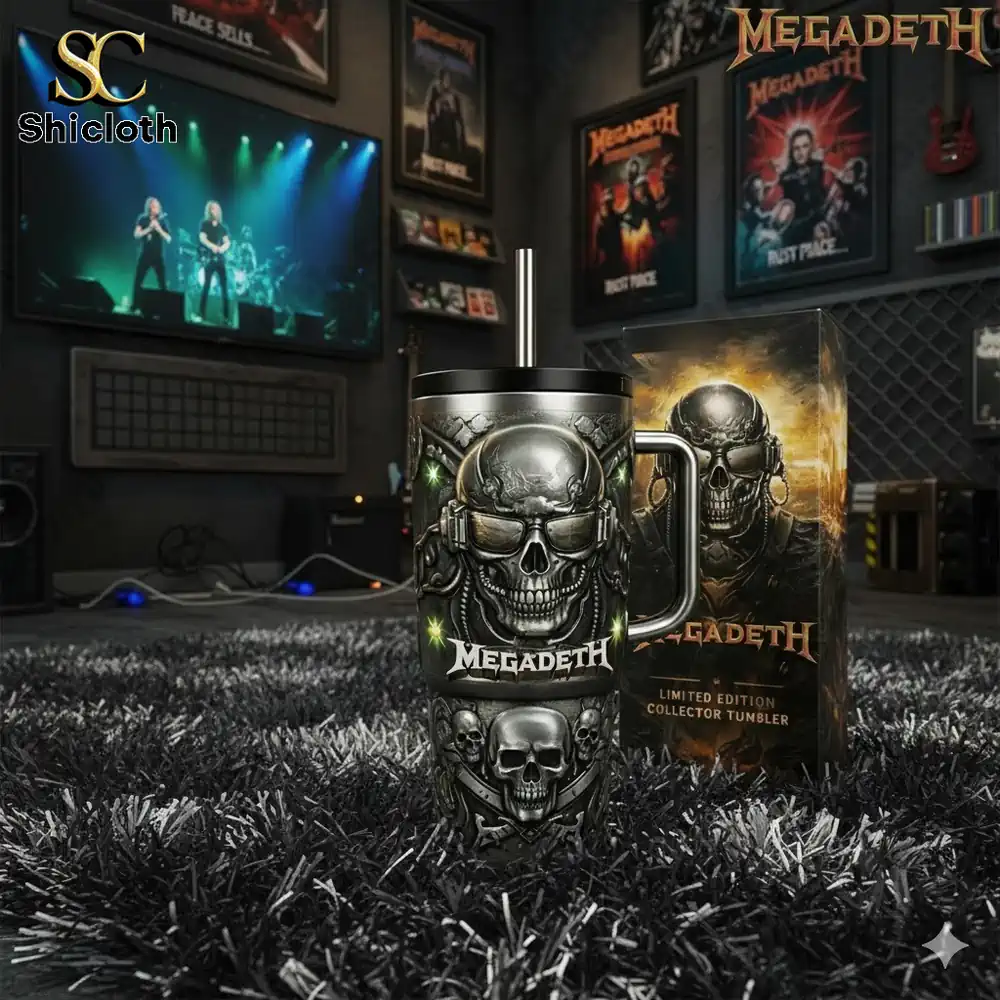 Megadeth skull tumbler mug displayed in a metal music fan room!