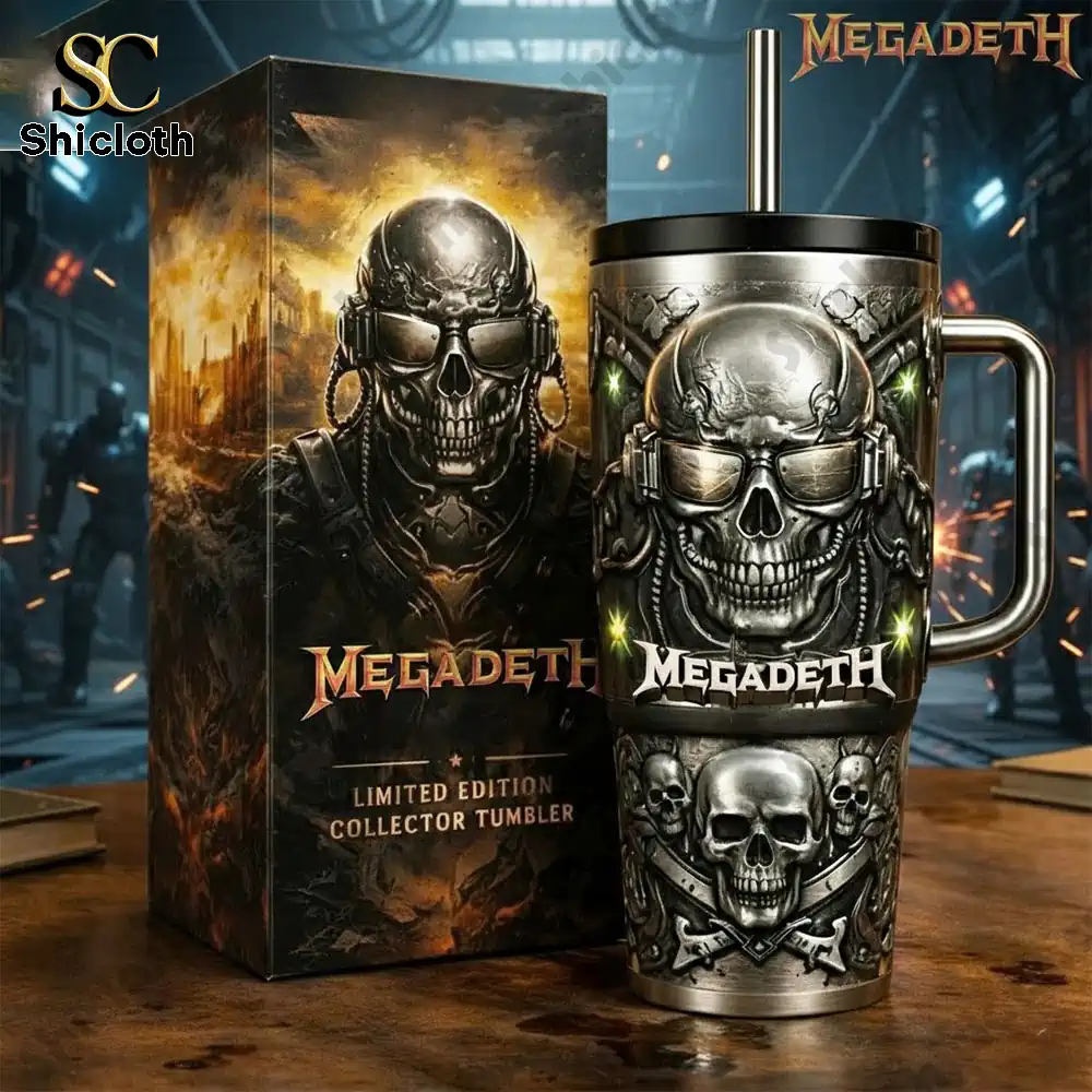 Megadeth skull tumbler mug with collector box on wooden table!