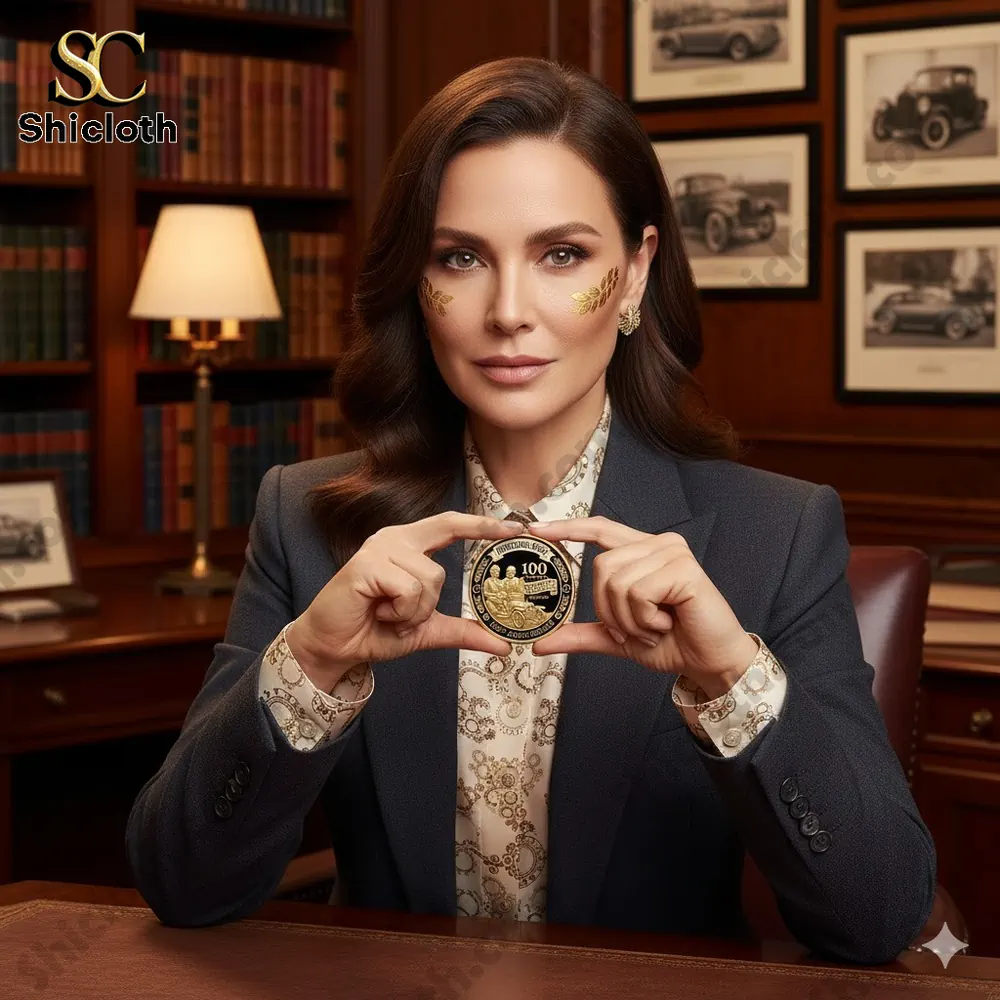 Elegant woman holding a Mercedes Benz anniversary coin!