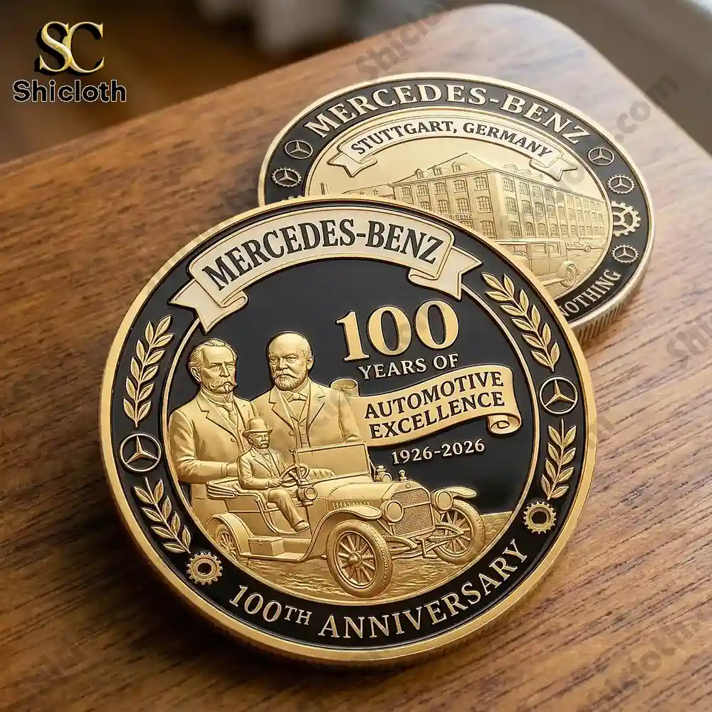 Mercedes-Benz Automotive Excellence 100th Anniversary 1926-2026 Commemorative Coin 4 Two Mercedes Benz anniversary coins on table!