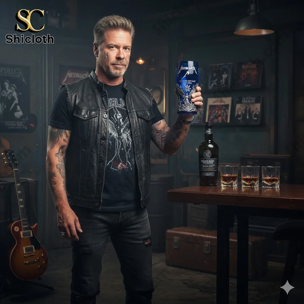 Rock style man holding Metallica collectible glass in a music bar!