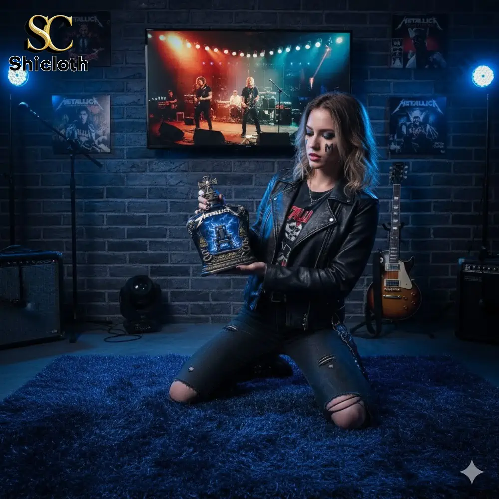 Rock music fan holding a Metallica collectible bottle in a stage style music room!