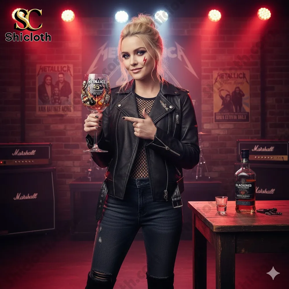 Rock style model holding Metallica anniversary wine glass on stage!